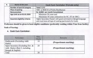 WB Cook Cum Caretaker Job 2024